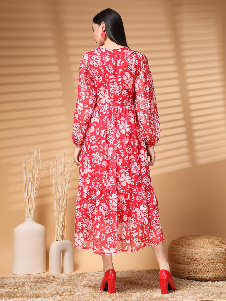 Floral Print Puff Sleeve A-Line Midi Dress