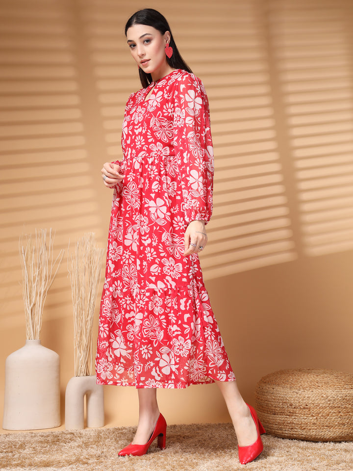 Floral Print Puff Sleeve A-Line Midi Dress