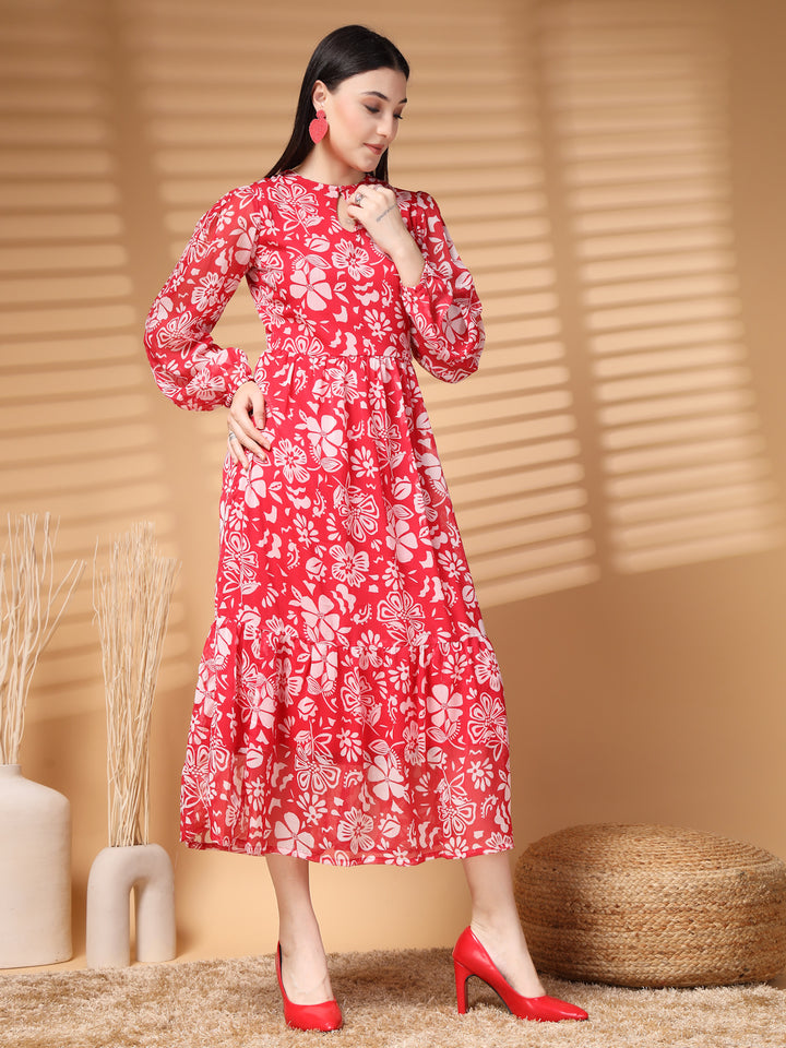 Floral Print Puff Sleeve A-Line Midi Dress