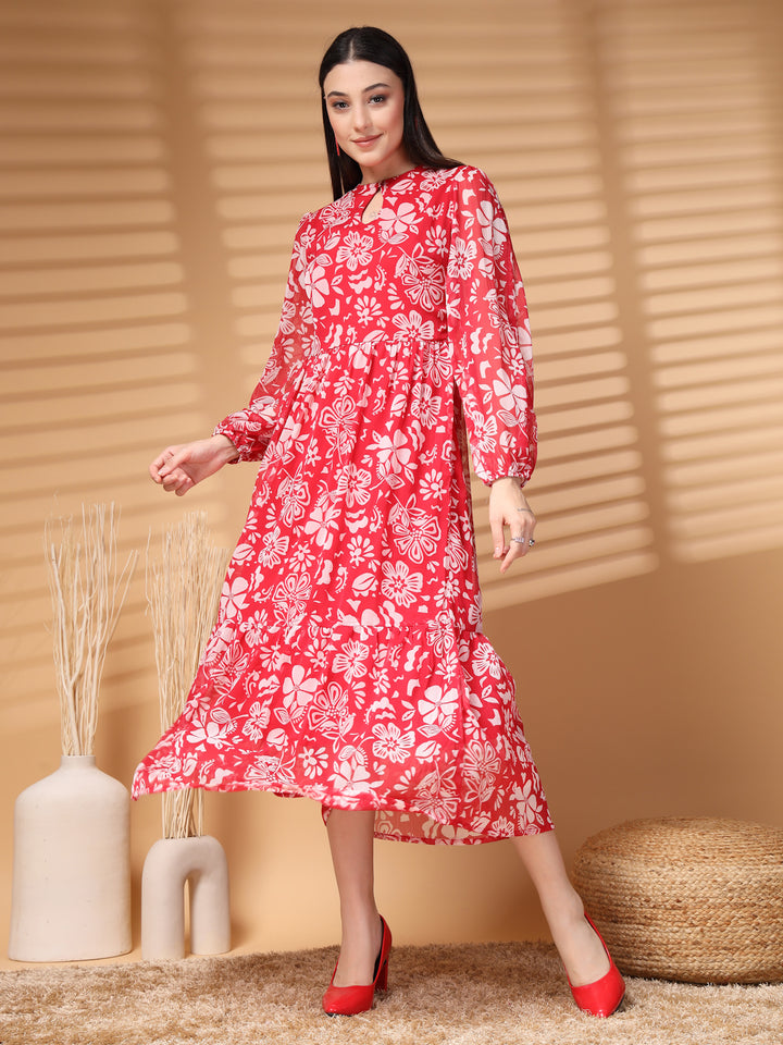 Floral Print Puff Sleeve A-Line Midi Dress