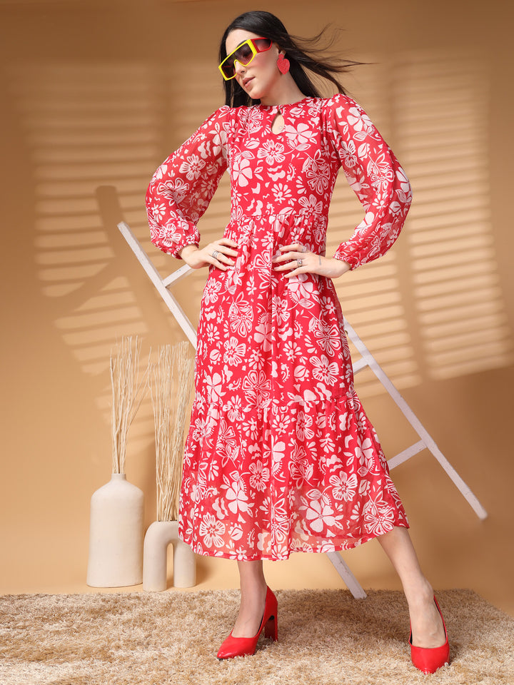 Floral Print Puff Sleeve A-Line Midi Dress