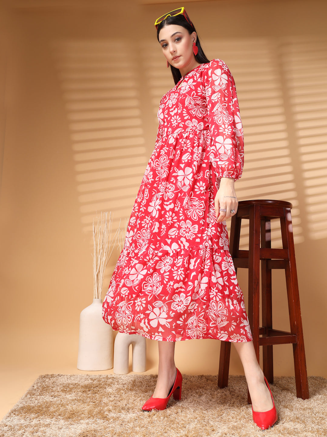 Floral Print Puff Sleeve A-Line Midi Dress