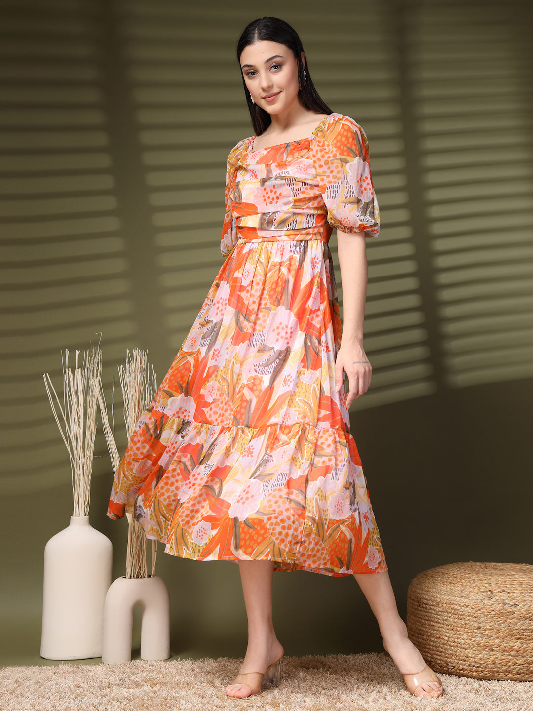 Floral Printed A-Line Midi Dress