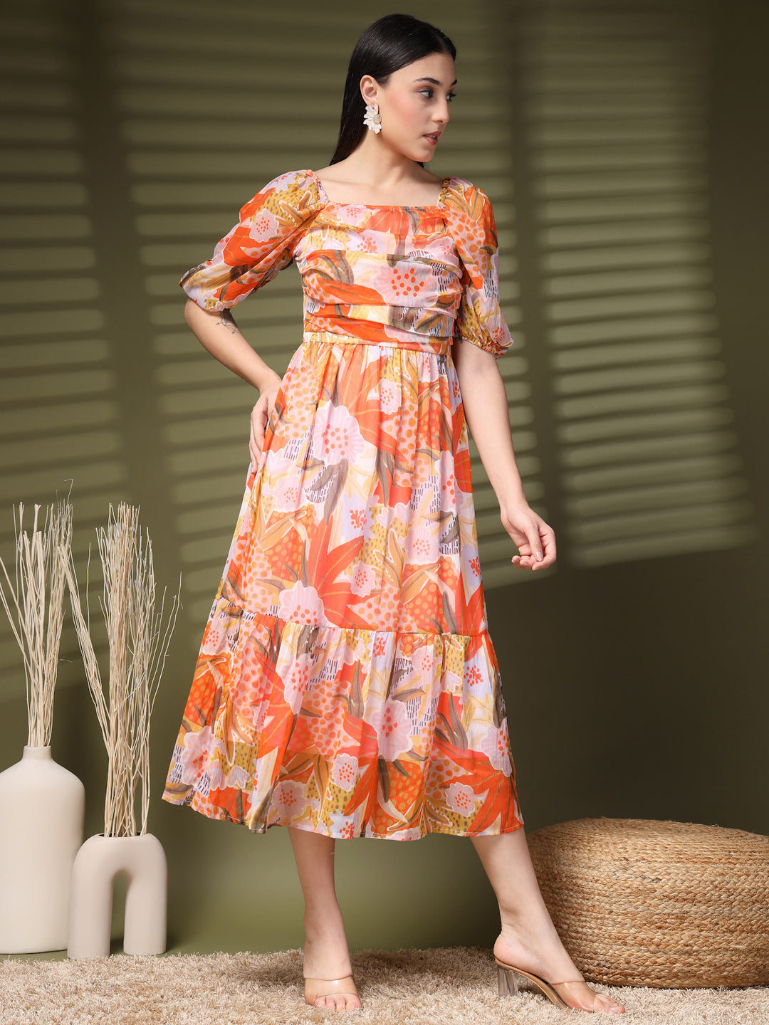 Floral Printed A-Line Midi Dress