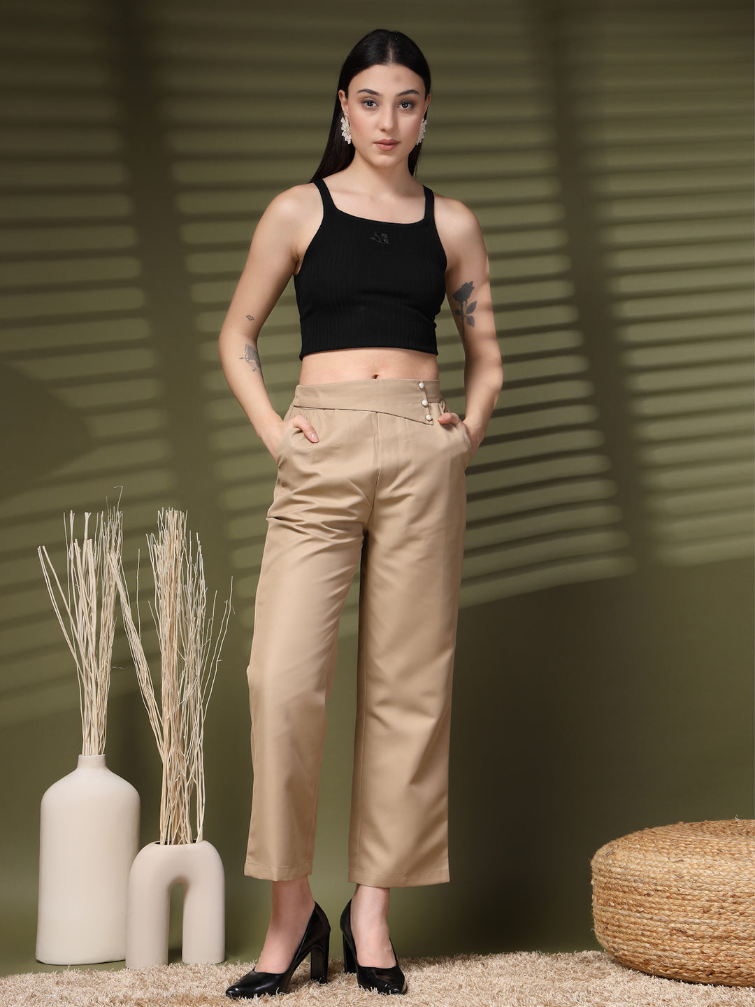 Women Mid-Rise Loose Fit Bootcut Trousers