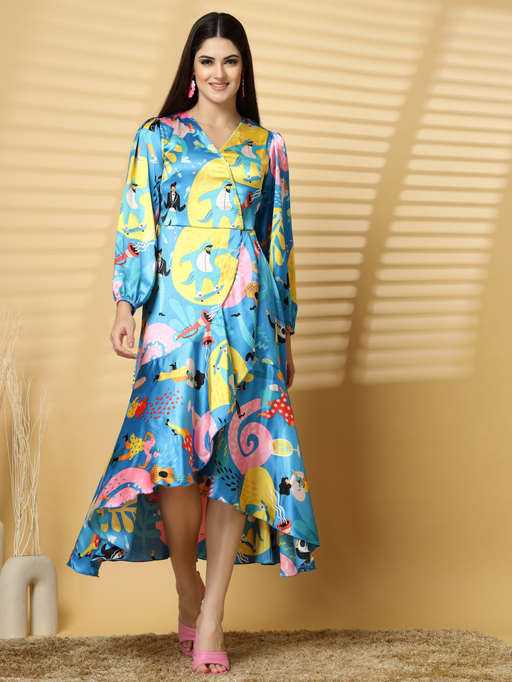 Women V-Neck Humour and Comic Puff Sleeve Maxi Dress