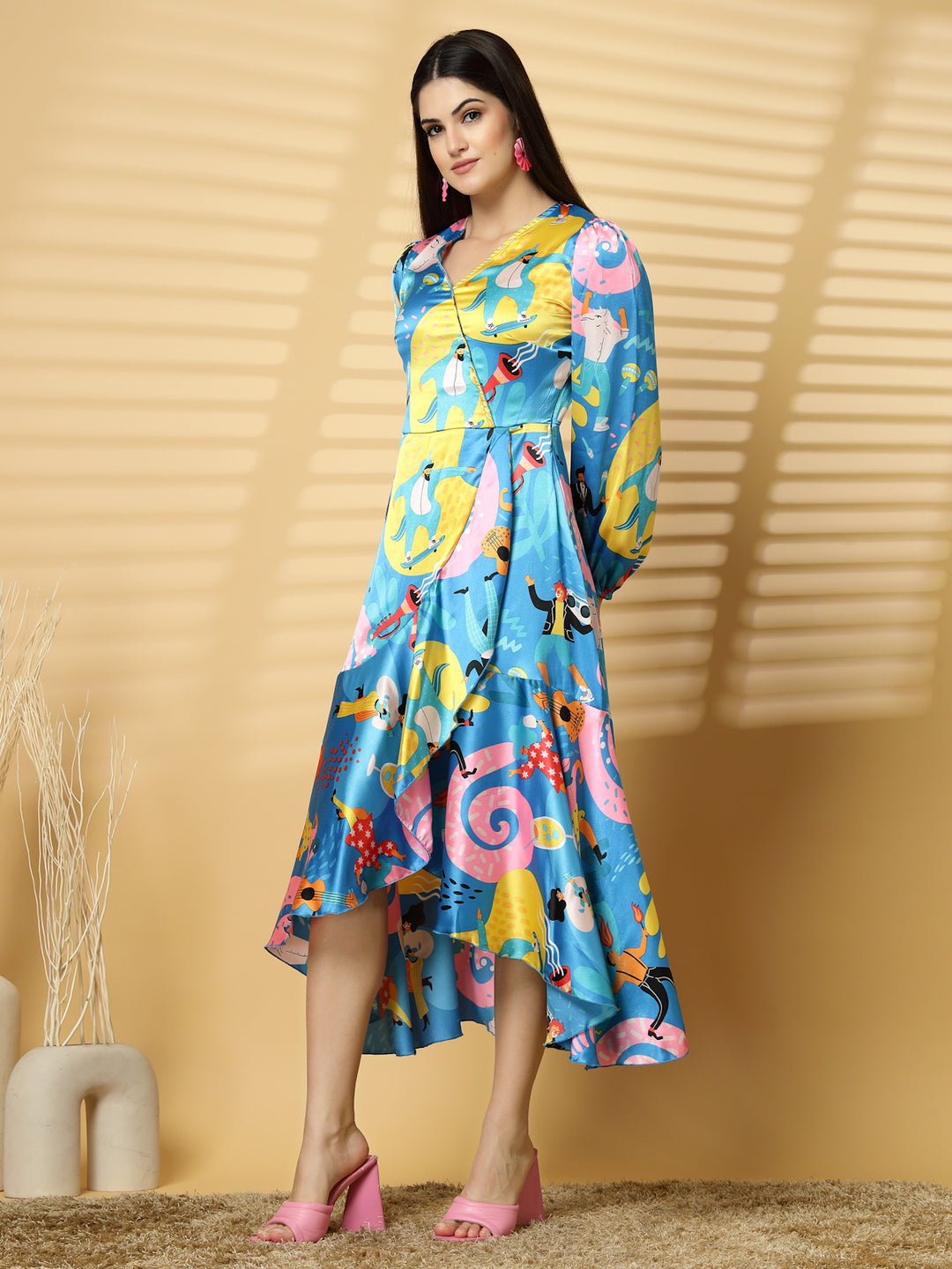 Women V-Neck Humour and Comic Puff Sleeve Maxi Dress