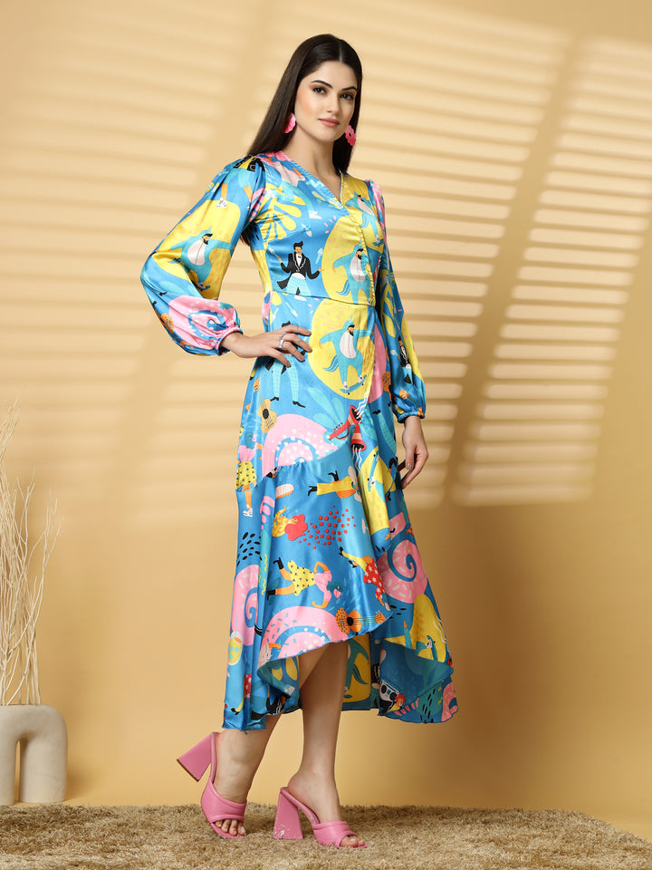 Women V-Neck Humour and Comic Puff Sleeve Maxi Dress