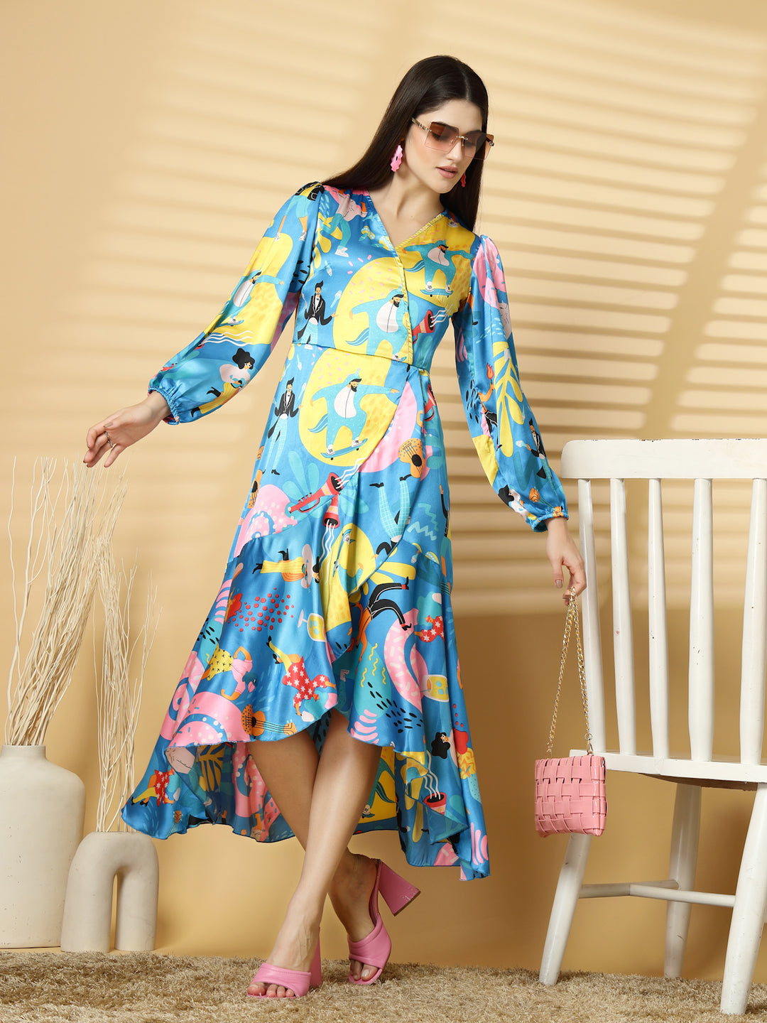 Women V-Neck Humour and Comic Puff Sleeve Maxi Dress