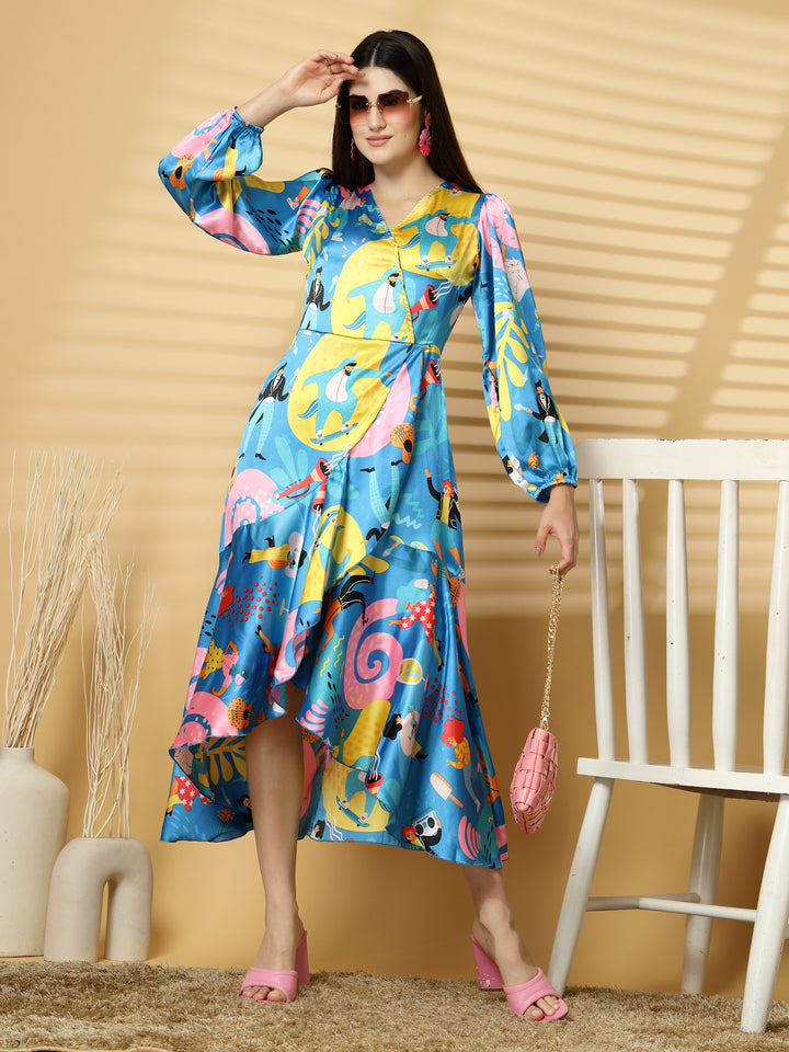 Women V-Neck Humour and Comic Puff Sleeve Maxi Dress