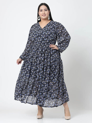 Plus Size Floral Printed Puffed Sleeves Maxi Dress
