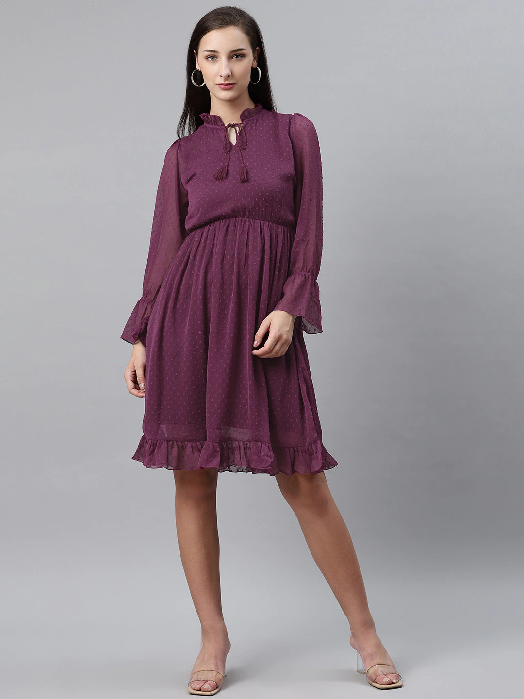 plusS Women Purple Dobby Weave A-Line Dress