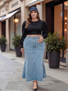 Plus Size Women Blue Denim Maxi Skirt