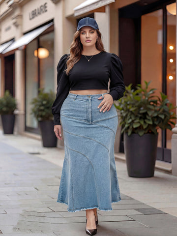 Plus Size Women Blue Denim Maxi Skirt