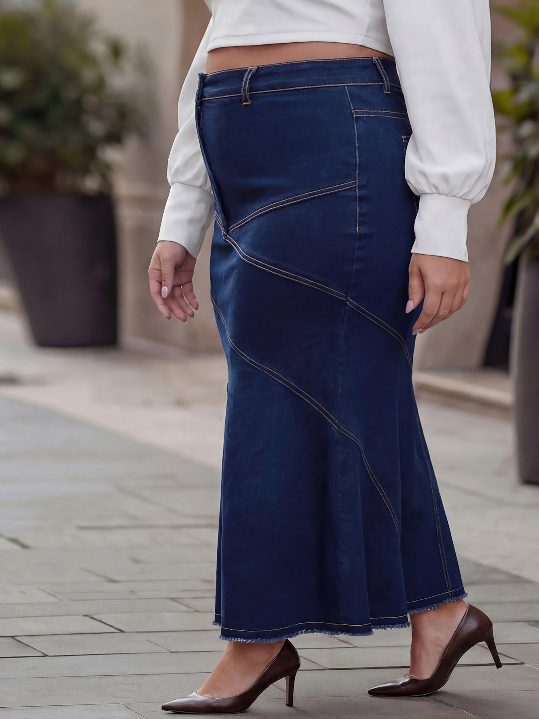 Plus Size Women Blue Denim Maxi Skirt