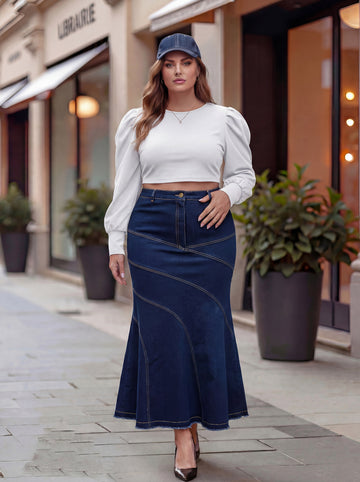 Plus Size Women Blue Denim Maxi Skirt