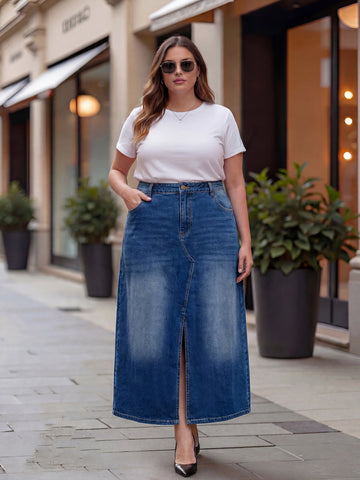 Plus Size Women Denim Midi Straight Skirt