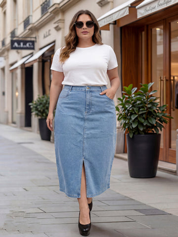 Plus Size Women Denim Midi Straight Skirt