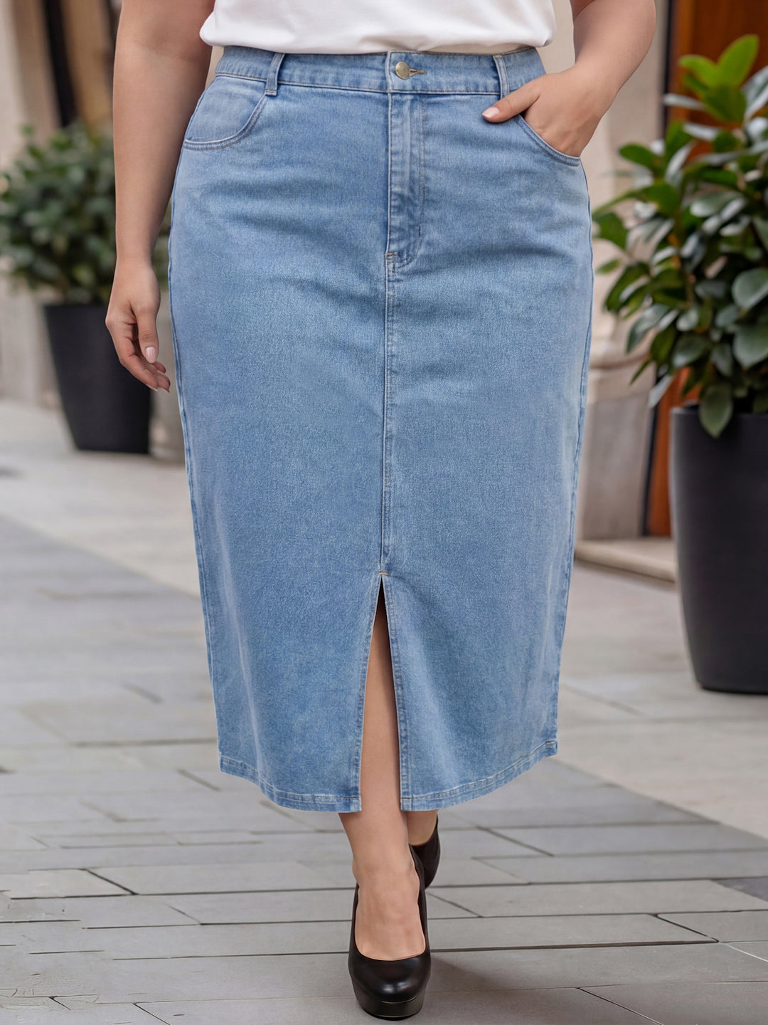 Plus Size Women Denim Midi Straight Skirt