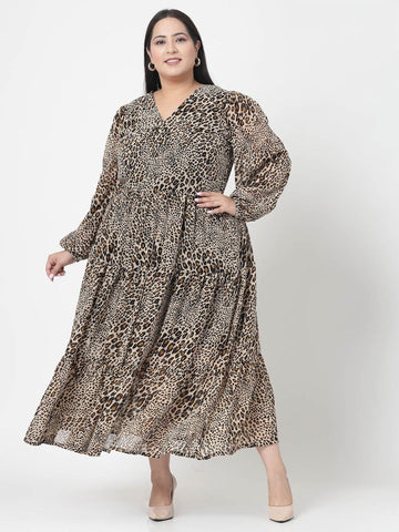 Plus Size  Brown & Beige Animal Printed V-Neck Puff Sleeve Fit & Flare Dress