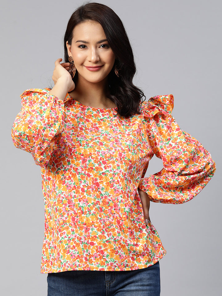 Floral Print Puff Sleeves Ruffled Top