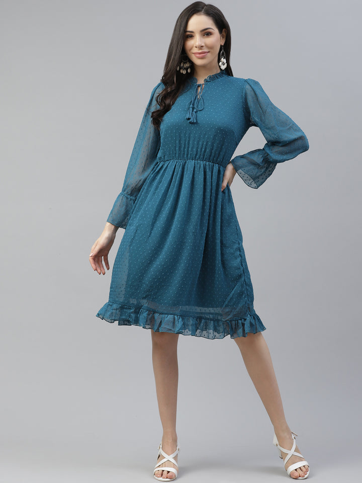 plusS Teal Blue Tie-Up Neck A-Line Dress