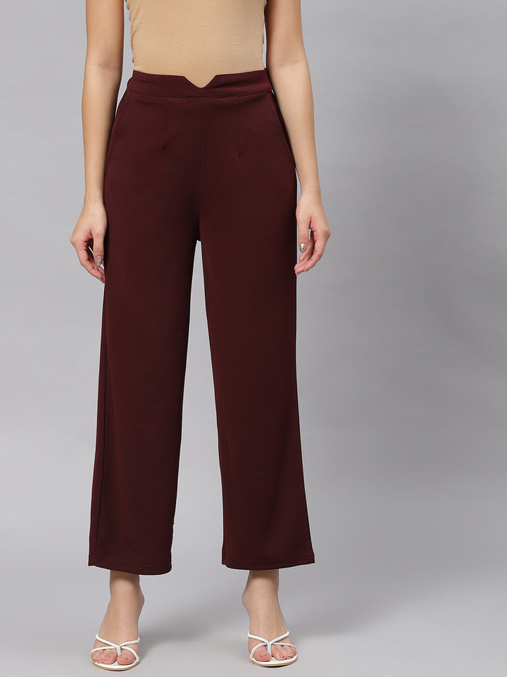 plusS Women Maroon Solid Mid-Rise Regular Fit Trousers