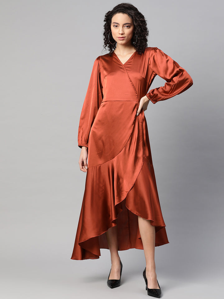 plusS Women Rust Orange Satin Finish Solid Maxi Wrap Dress