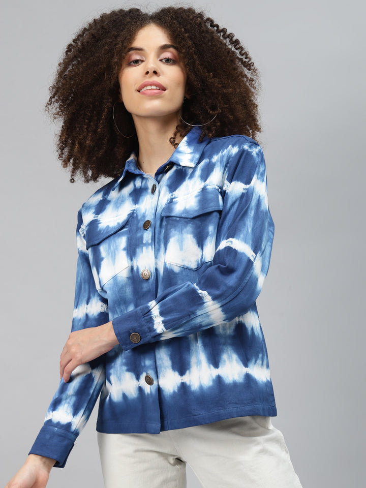 plusS Women Blue White Tie and Dye Tailored Jacket