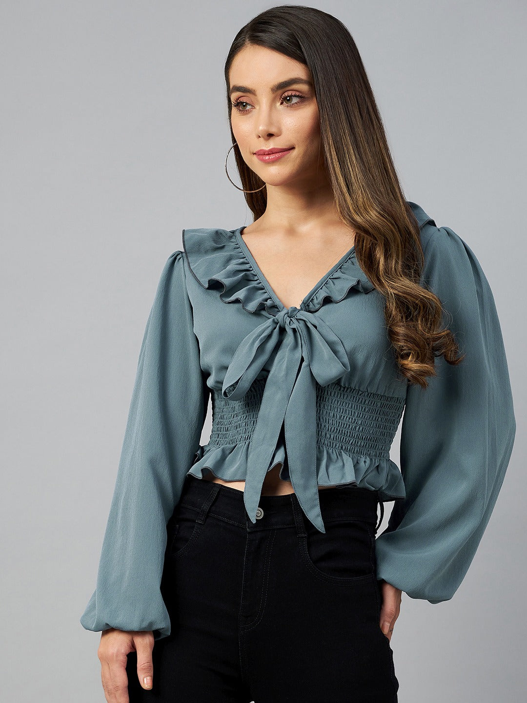 plusS Blue Solid Tie-Up Neck Ruffles Smocked Crop Top