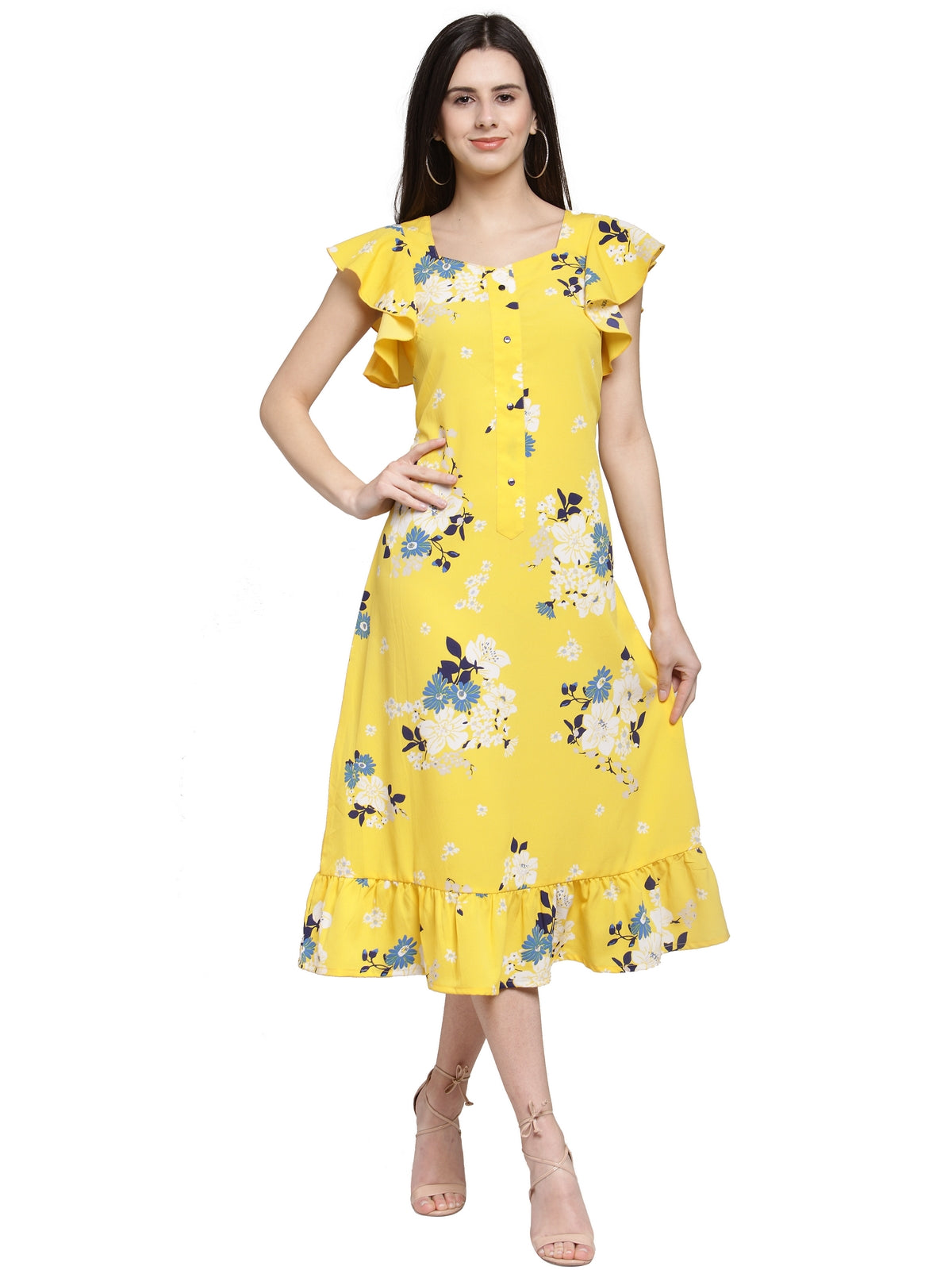 plusS Yellow  Off-White Floral Printed A-Line Dress