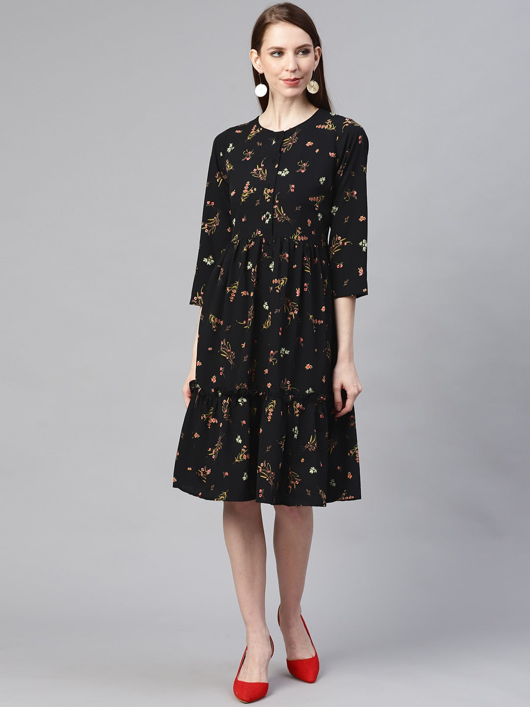 plusS Women Black  Green Floral Print A-Line Dress