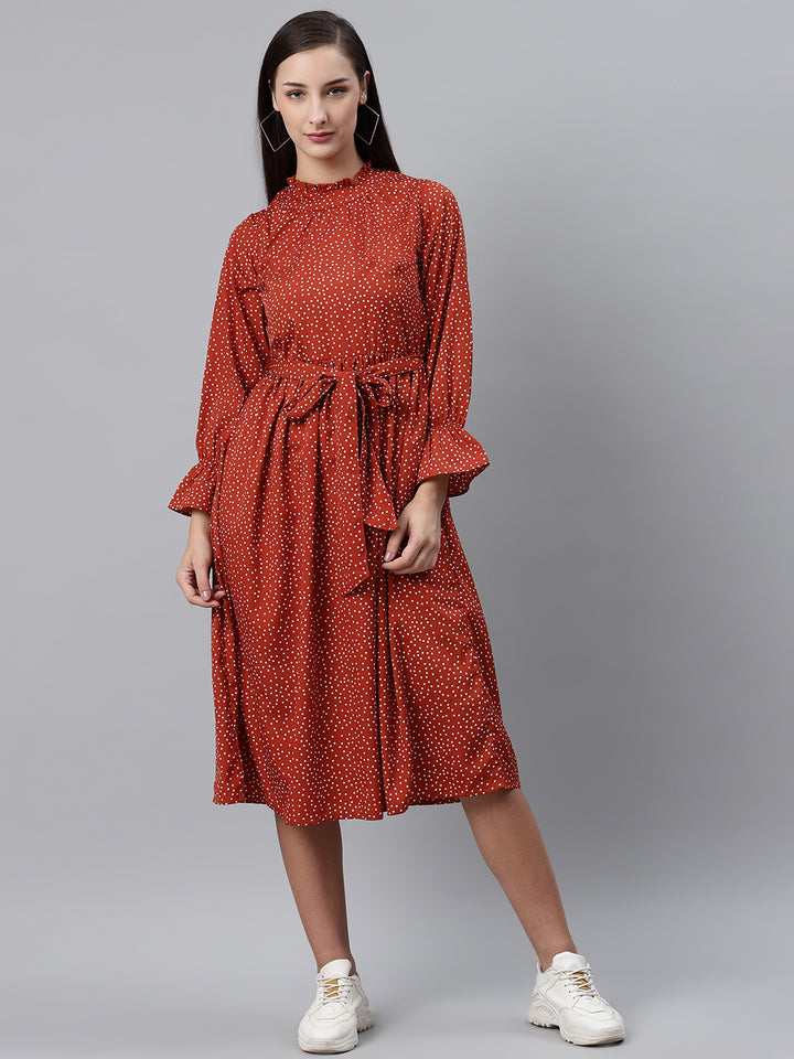 plusS Women Rust Brown  White Dotted Print A-Line Dress with Belt