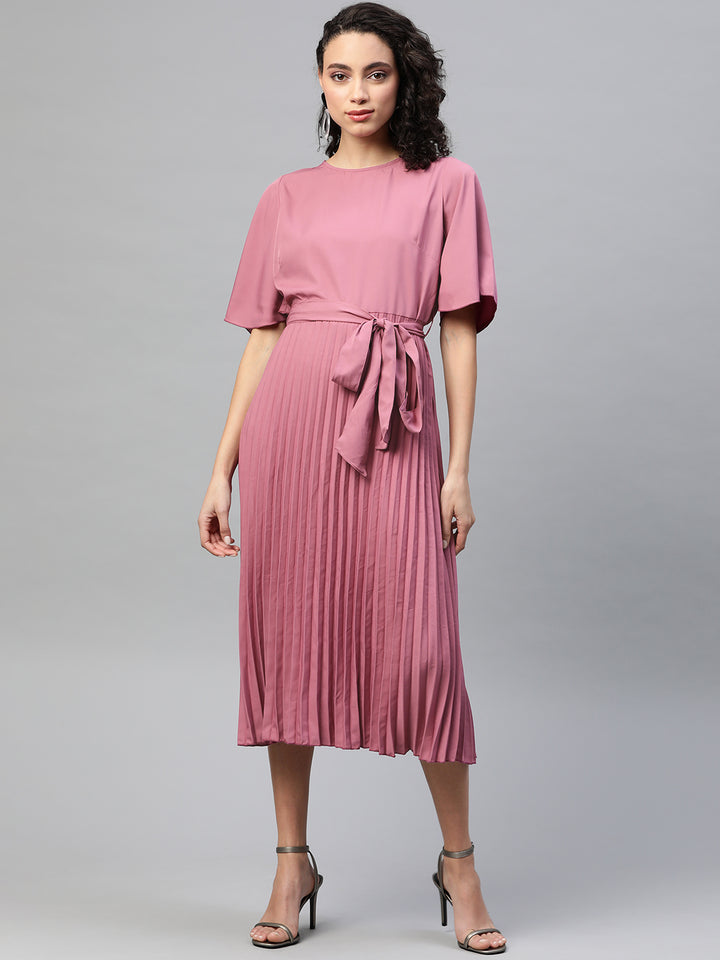 plusS Women Mauve Solid Accordion Pleated Midi A-Line Dress with Belt