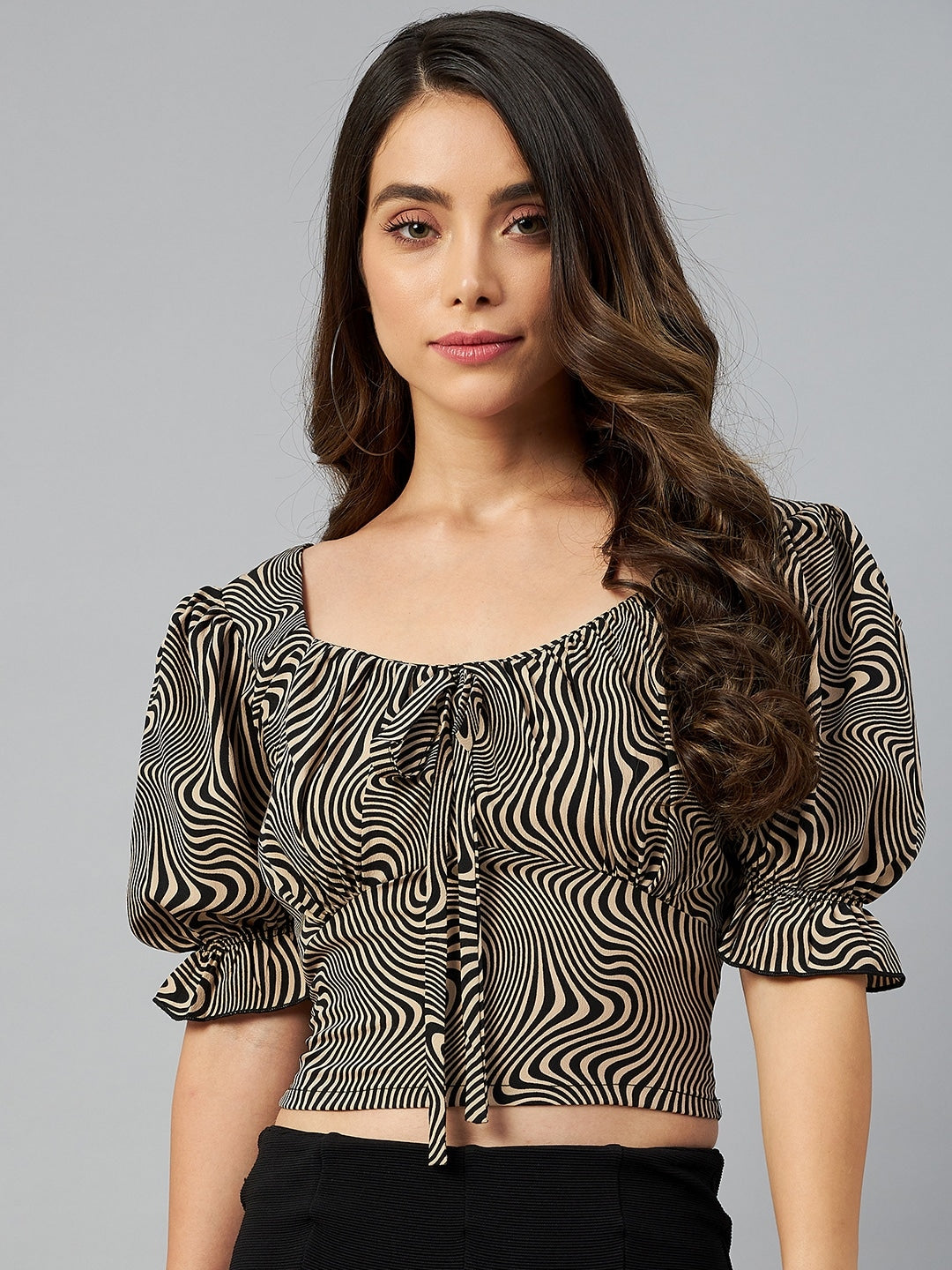 plusS Beige  Black Geometric Print Crop Top