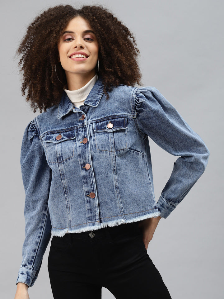 plusS Women Blue Crop Denim Jacket