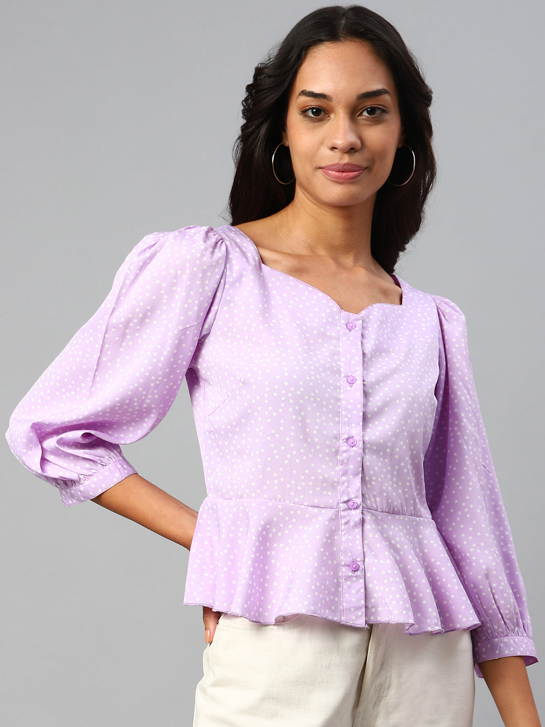 plusS Lavender  White Polka Dots Print Sweetheart Neck Peplum Top