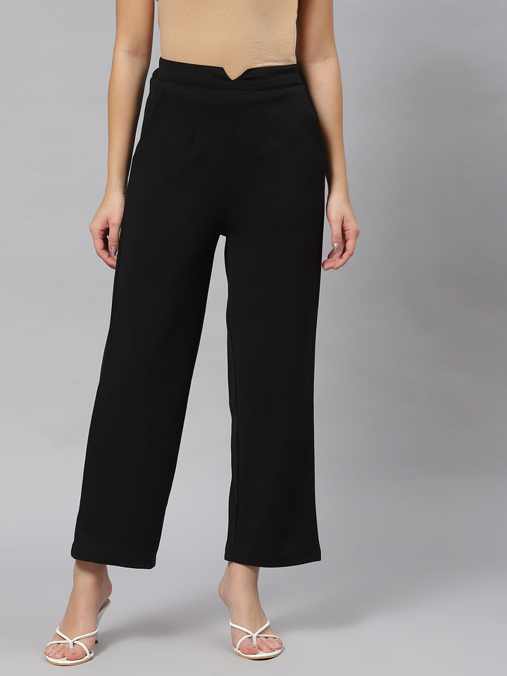 Women Black Solid Mid-Rise Regular Fit Trousers