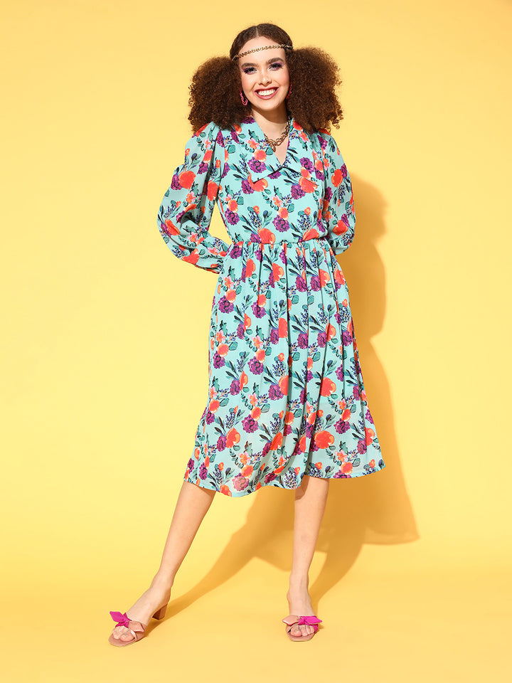 Women Blue Floral Volume Play Dress