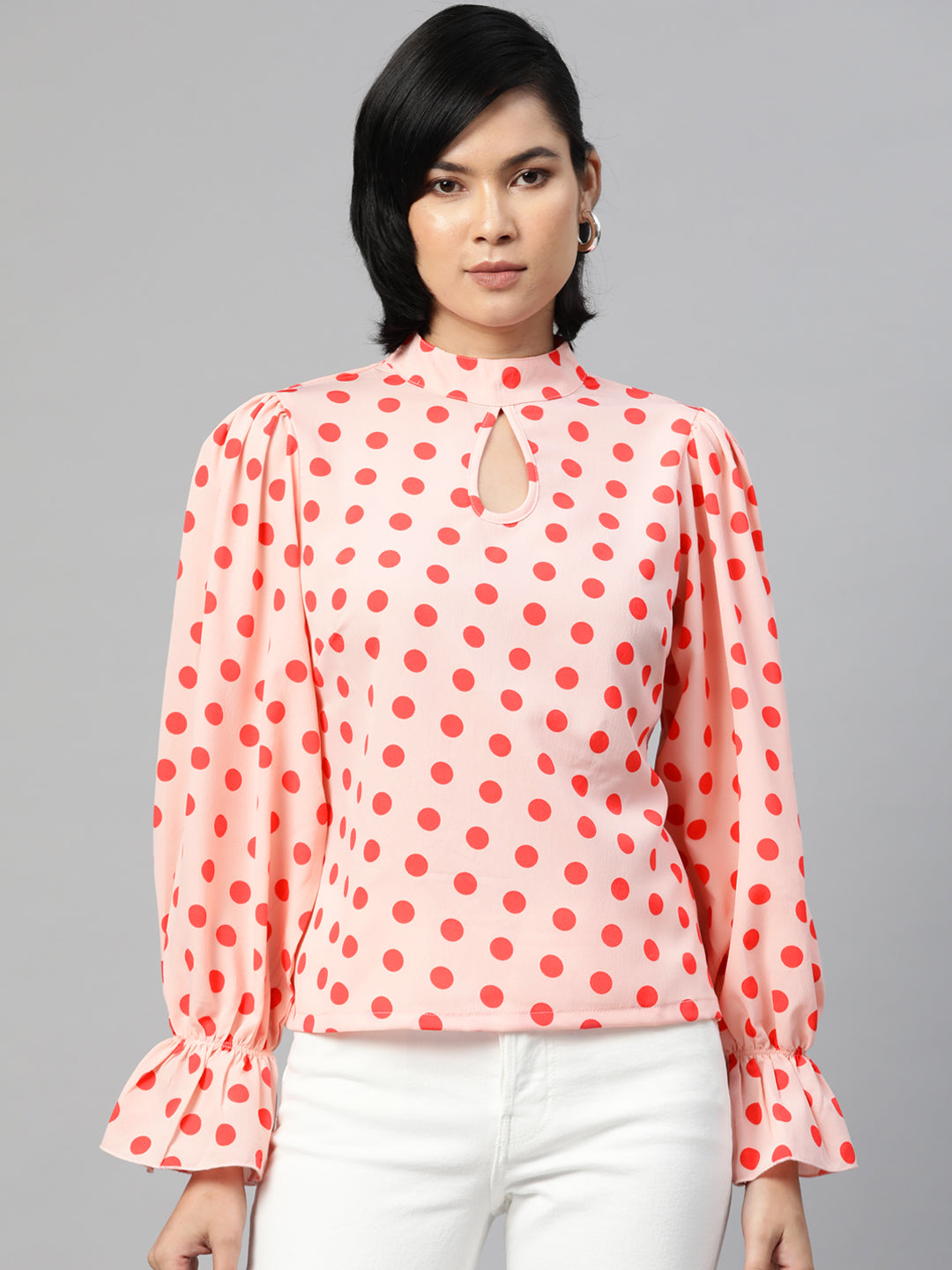 plusS Cream-Coloured  Red Polka Dots Print Bell Sleeves Keyhole Neck Top