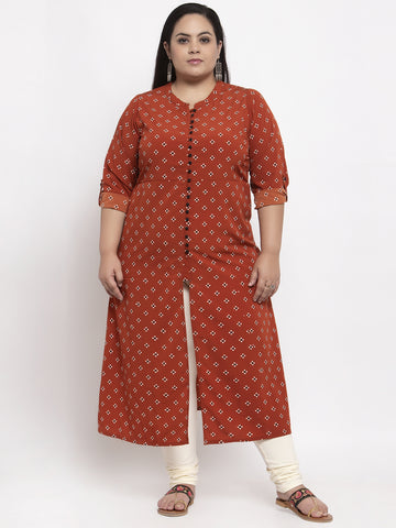 plusS Women Rust Brown  Off-White Printed A-Line Kurta