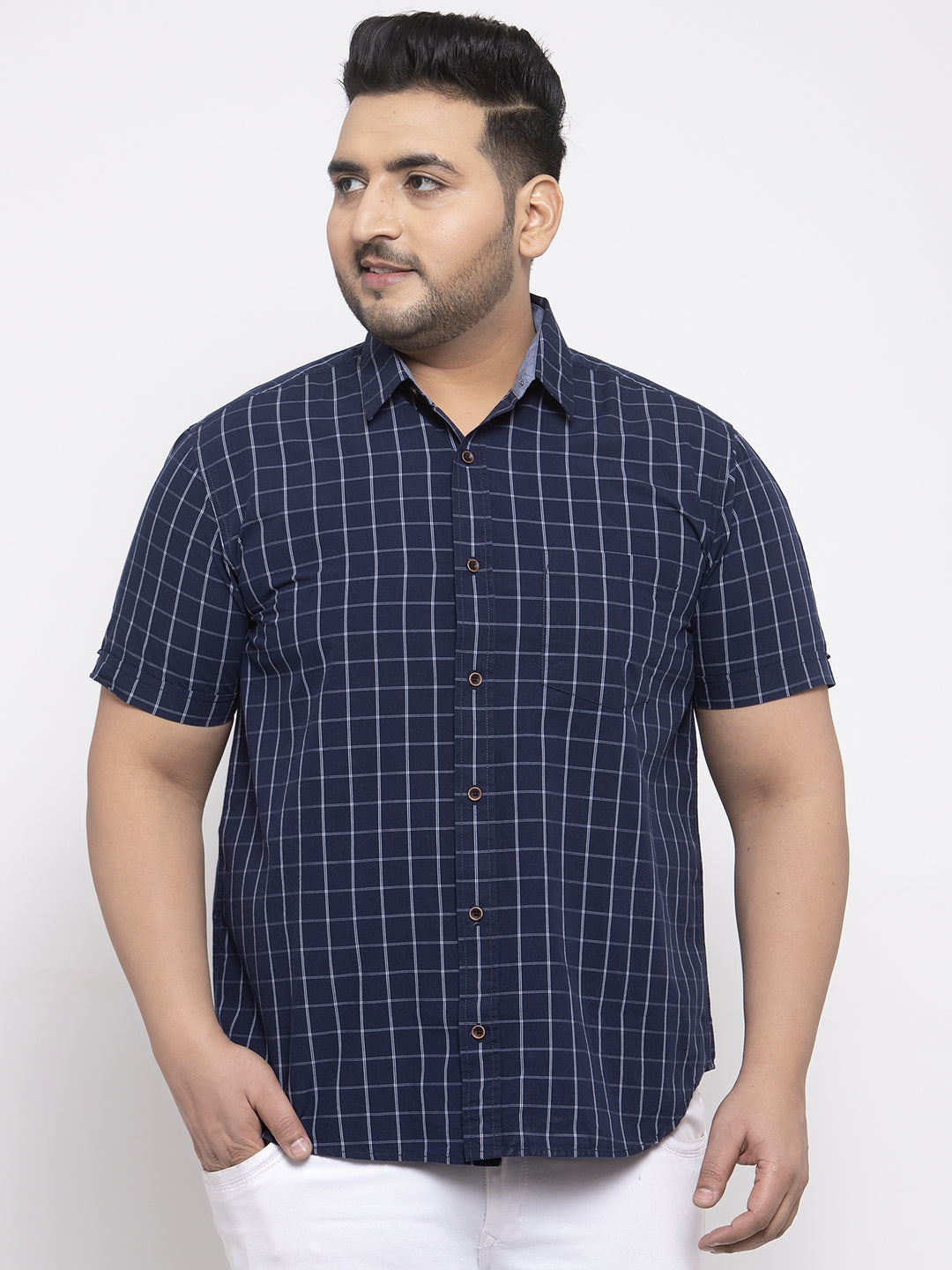 Men Navy Blue Regular Fit Checked Casual Shirt