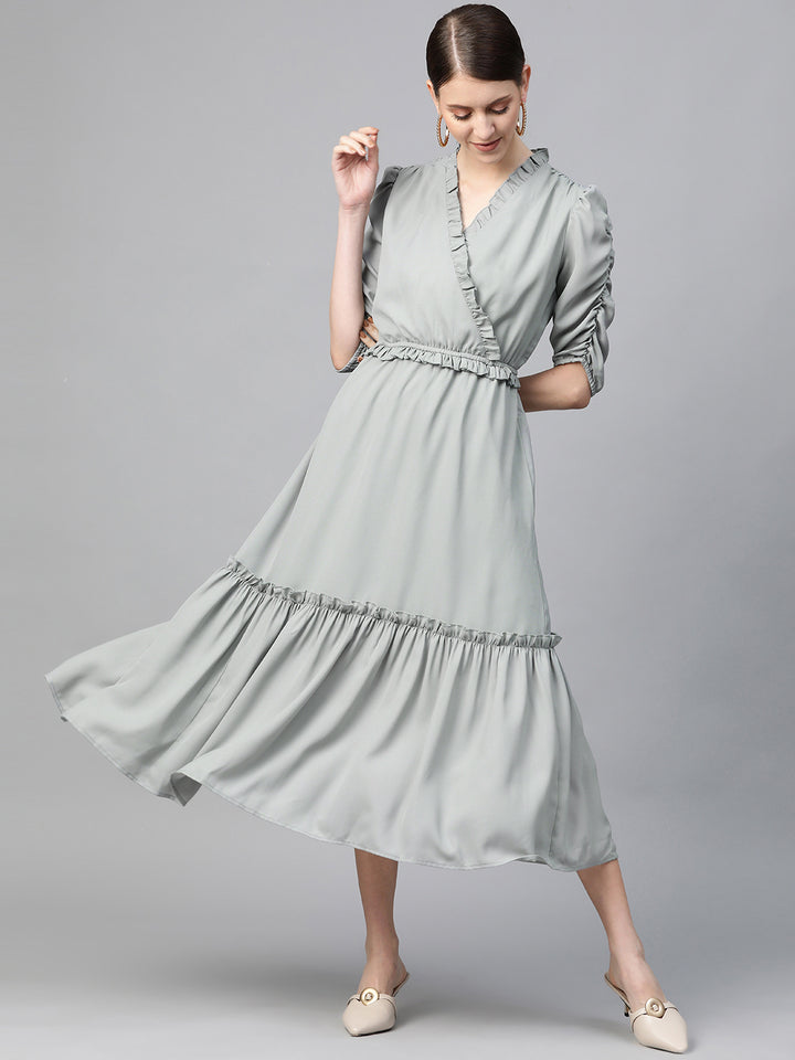 plusS Women Grey Solid Frilled Tiered Wrap Dress