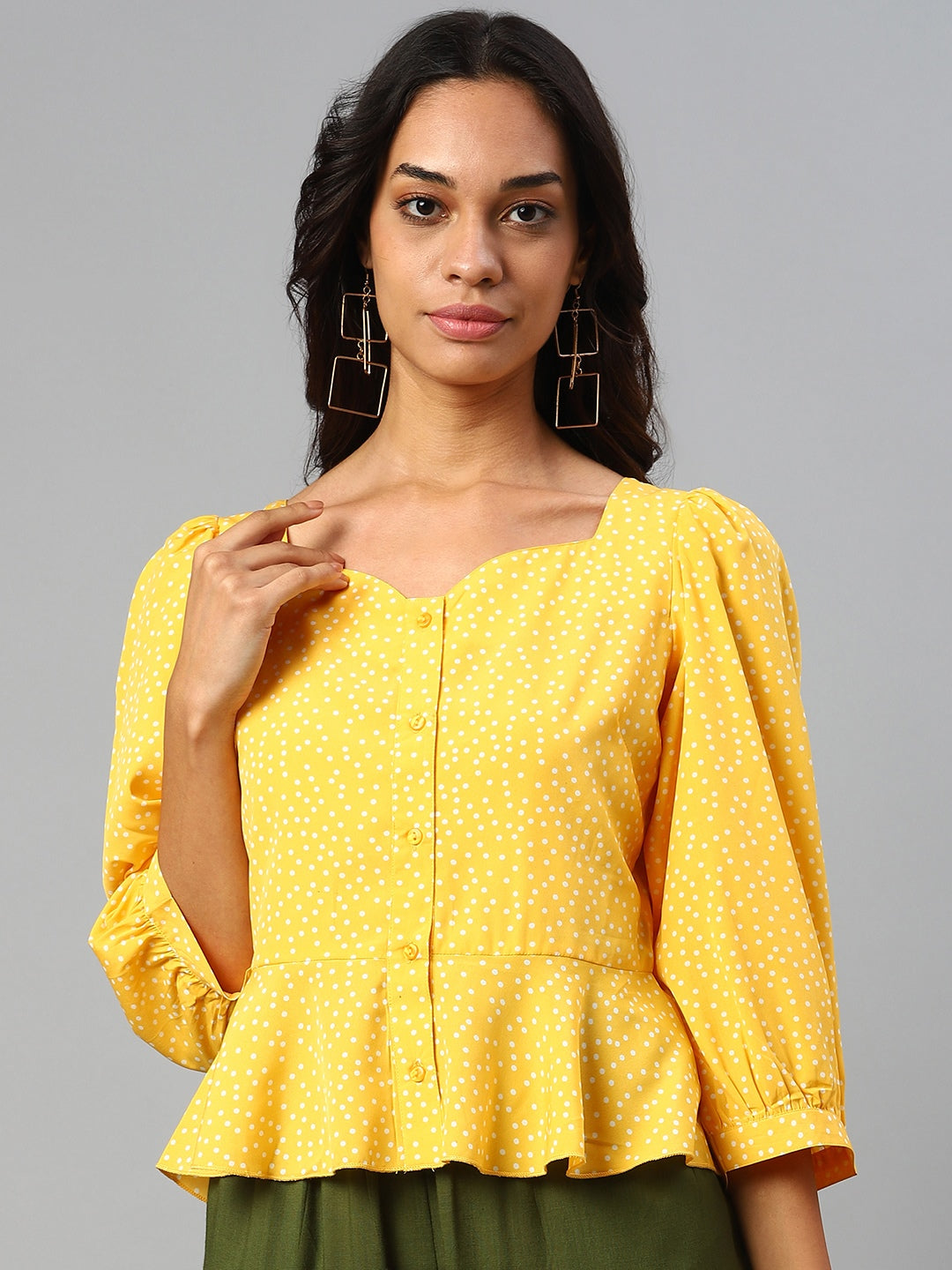 plusS Yellow  White Polka Dots Print Sweetheart Neck Peplum Top