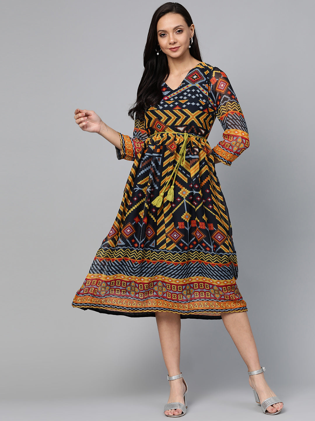 plusS Navy Blue  Mustard Yellow Geometric Printed A-Line Dress