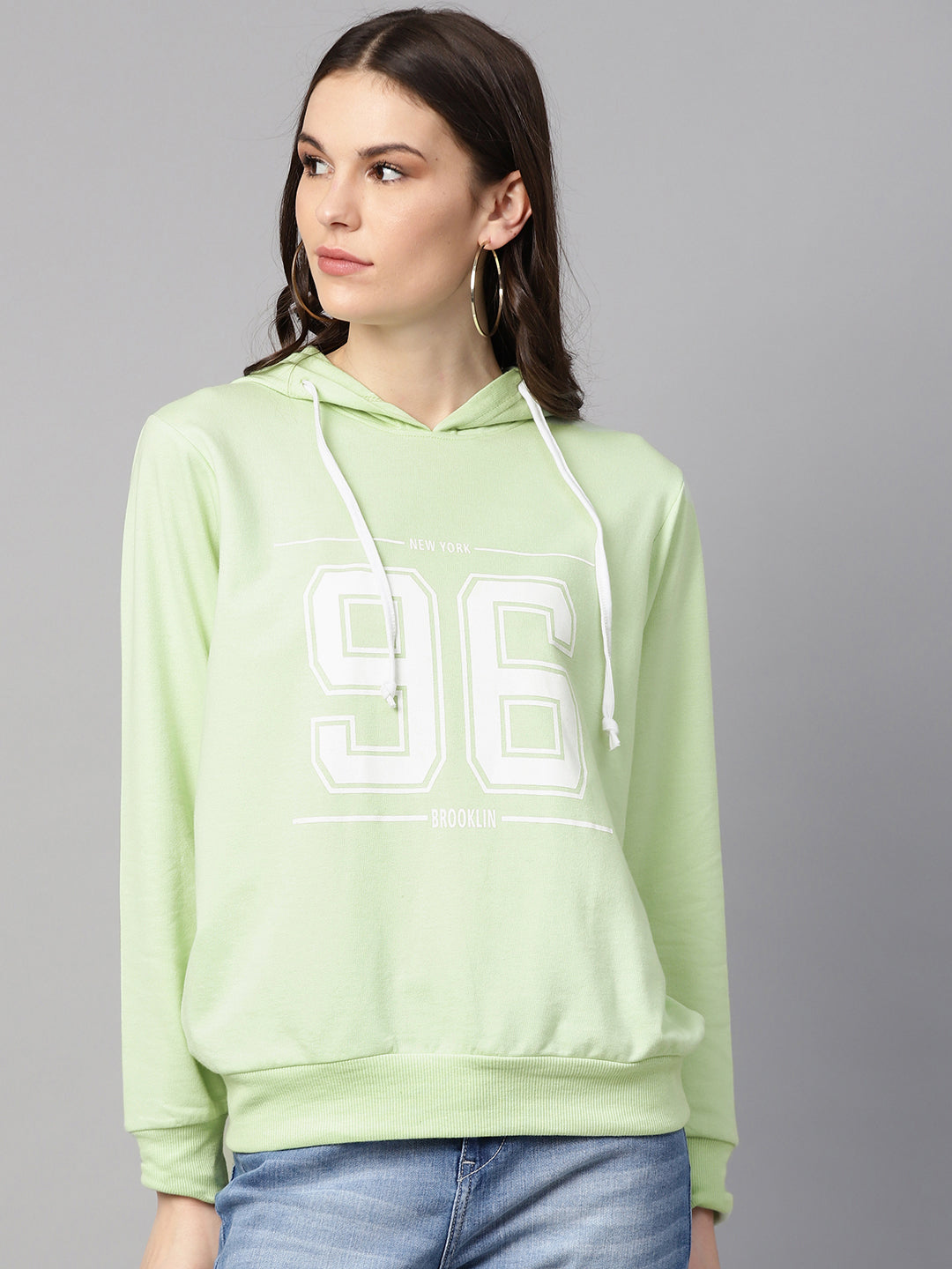 plusS Women Lime Green  White Alphanumeric Print Hooded Sweatshirt