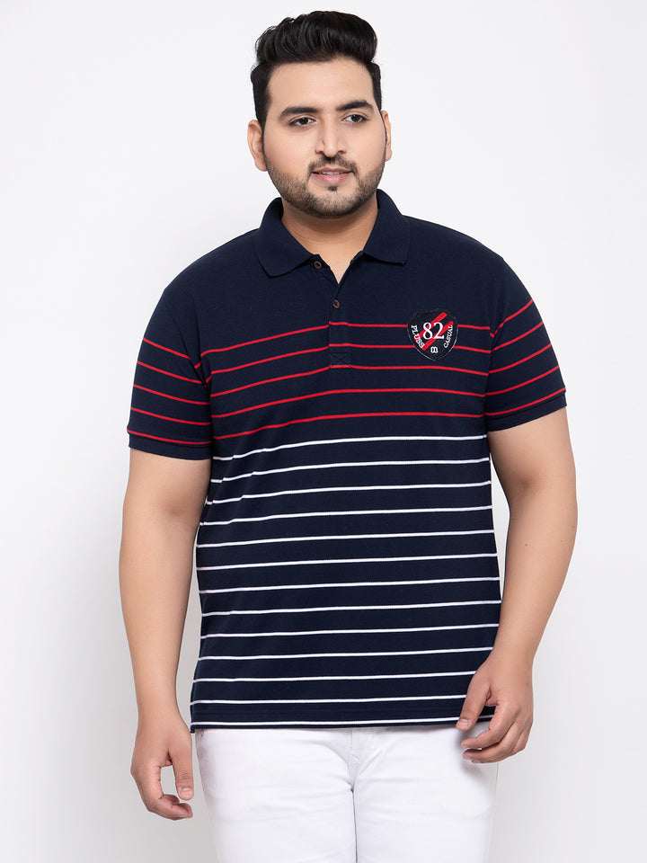 Men Plus size Navy Blue & White Striped Polo Collar T-shirt