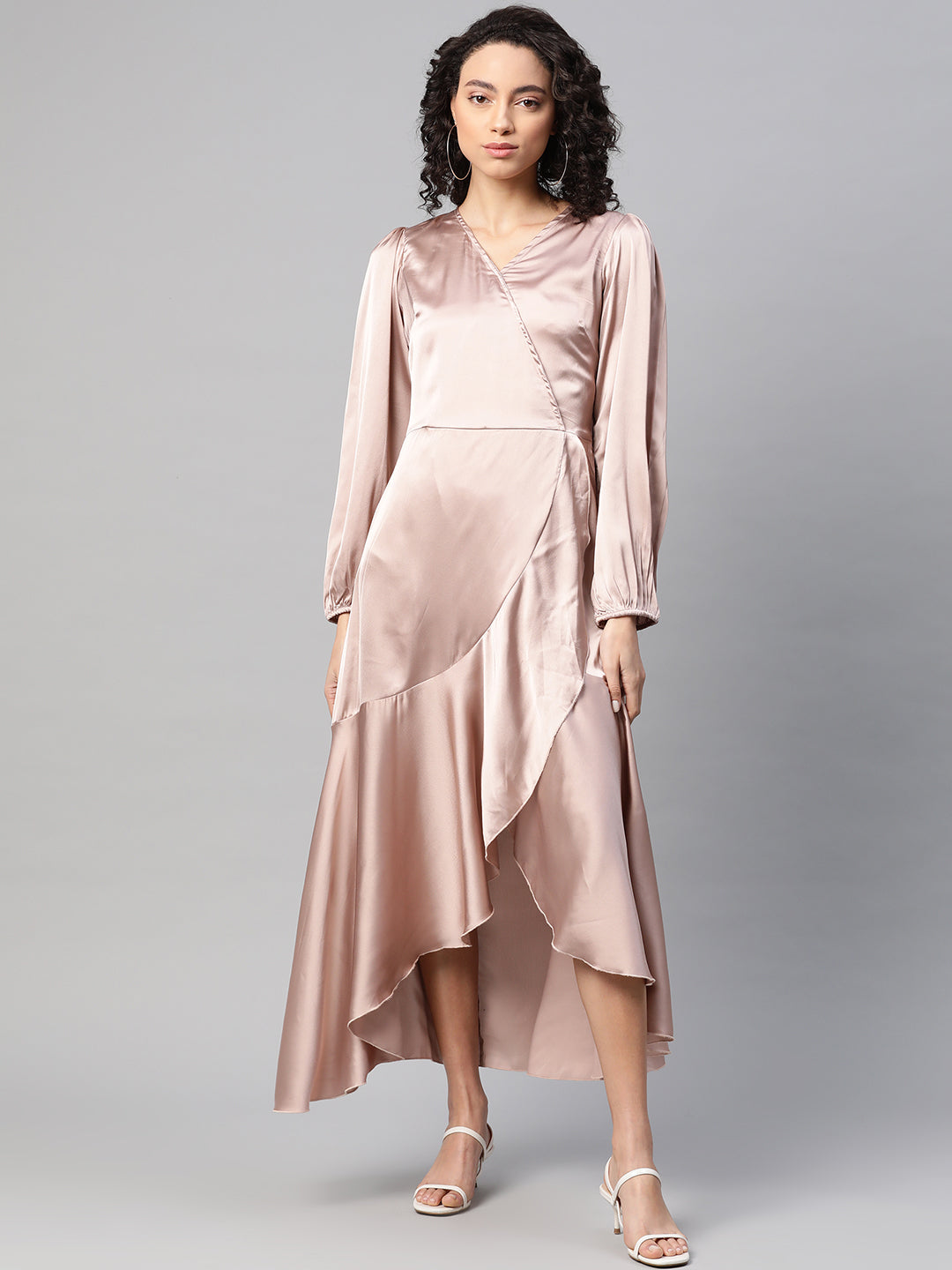 plusS Women Peach-Coloured Satin Finish Solid Maxi Wrap Dress