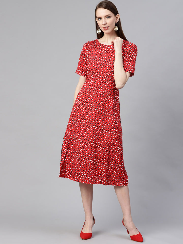 plusS Women Red  White Abstract Print A-Line Midi Dress