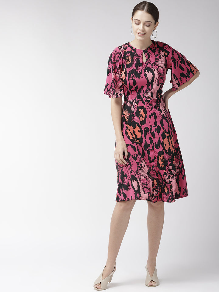 plusS Pink  Black Animal Keyhole Neck A-Line Dress